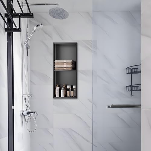 Baodiale Niche de Douche Lumières LED Noir Mat, Niche Murale de Salle de Bain en Acier Inoxydable avec lumière LED, Aucune tuile nécessaire Étagère encastrée pour Mur de Douche