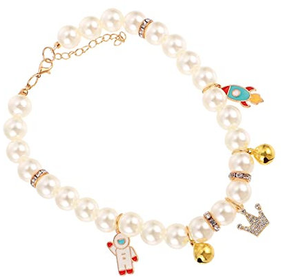 JUMPLAWN Pearl Cat Collar with Bell Adjustable Handmade Fancy Kitten Necklace Decorative Pet Ornament for Small Dogs and Cats