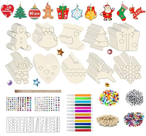 Lereke 374pcs Holz Weihnachtsschmuck, Holz Blank Scheiben zum Basteln, Lustige DIY Weihnachtsbaumschmuck mit reichhaltigem Zubehör, Xmas Hängende Dekoration Xmas Geschenke für Kinder und Erwachsene