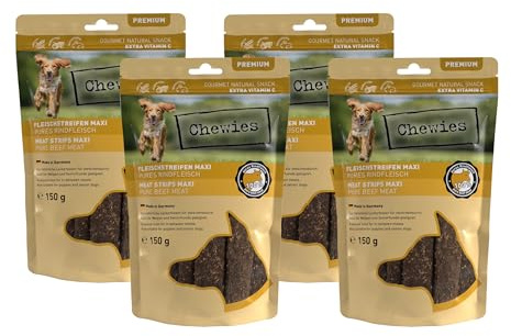 Chewies Köttremsor Maxi hundgodis gjorda av 100% nötkött – 4 x 150 g – lufttorkade nötkreatur tuggremsor för hundar – sockerfri och spannmålsfri – torkkött från nötkött