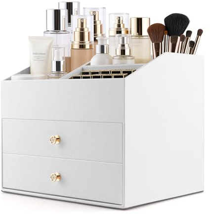 Homeanda Make-up-Organizer aus Kunstleder mit 2 Schubladen – Schreibtisch-Organizer für Kosmetik, Lippenstift, Hautpflege und Schmuck (weiß)
