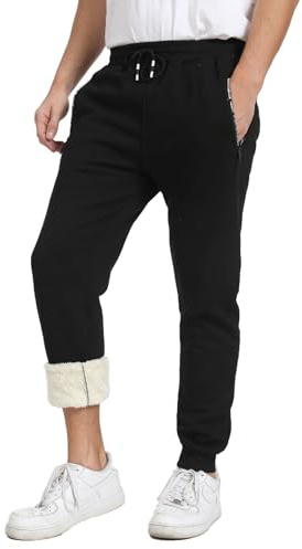 JustSun Pantalon de Jogging Homme Hiver Chaud Coton Doublé Polaire Pantalons de Survêtement Thermique Décontracté Pantalons de Sport Homme Sportswear Training avec Poches Zippées Noir L