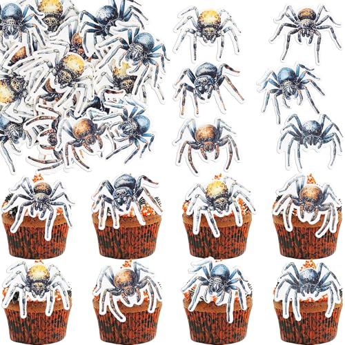 Gyufise 54Pcs Edible Halloween Spider Cupcake Toppers Wafer Paper Spider Cupcake Toppers Spitting Spider Dessert Picks for Halloween Theme Party Birthday Baby Shower Decor Supplies Brown