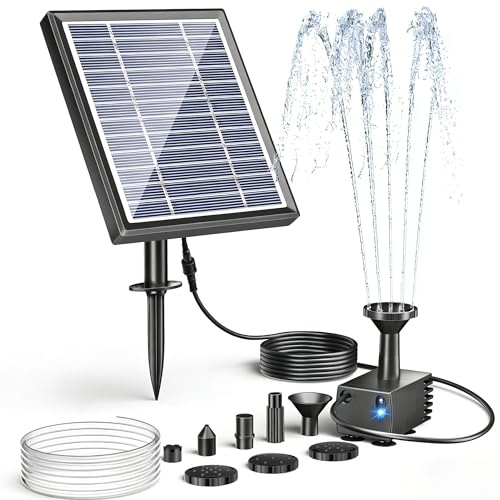 POPOSOAP Solarbrunnen für Vogelfontäne, 3W Solarwasserpumpe mit 1,2 m Schlauch, 5 Düsen, Solar Springbrunnen für Außen kleine Teiche, Garten