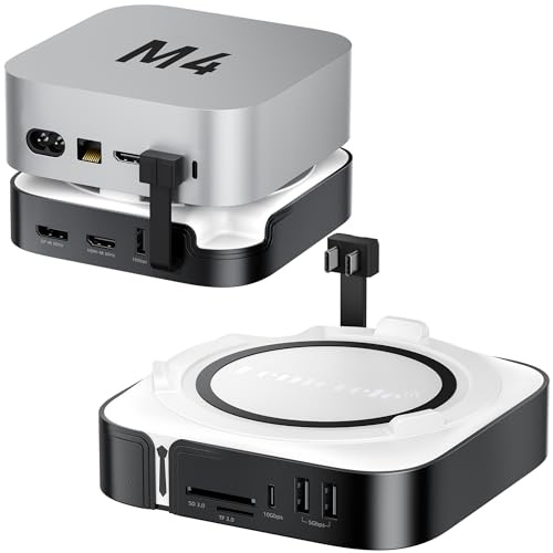 Lemorele Estación de acoplamiento Mac Mini M4, concentrador USB C con carcasa SSD NVMe M.2 de 10 Gbps, compatible con HDMI 4K a 60Hz y DP a monitor dual, 3 USB 3.2/3.0, lector de tarjetas SD/TF, base