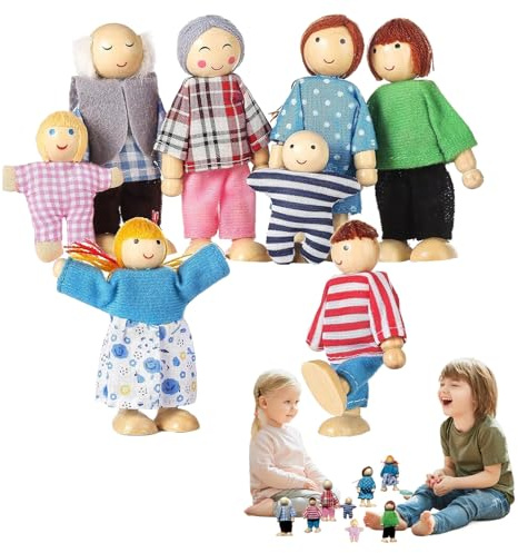 lyanny Puppenhaus Familie - 8-teilige kleine Holz Spielzeugfiguren | Rollenspiel Biegsame Puppen für Kinder - Mädchen Zuhause Spielen