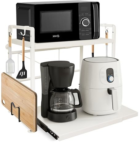 Trilora Expandable 2-Tier Microwave Stand with Pull-Out Bottom Shelf, Cutting Board Holder, Height Adjustable Over Microwave Shelf Unit, Kitchen Countertop Organiser for Air Fryer, Coffee Machine