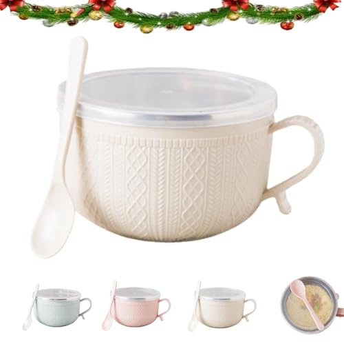 2026 New Set of (4) 25-Oz Mug Meals W/Lid-Its,Set of 4 25 Oz Mug Meals with Lids,25oz Mu-g MEA-ls with Lids,Round Holiday MEA-l Mu-gs with Handles Spoon for Coffee, Soups, Stews (Beige)
