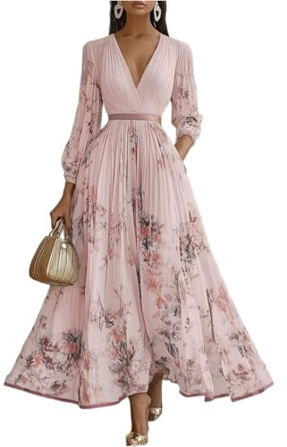 BUhuiBabubu Long Sleeve Dress Women UK - Ladies Flowy Party Dresses 2026 V-Neck Puff Sleeve Empire Waist Floral Dresses Elegant Wedding Guest Maxi Dress