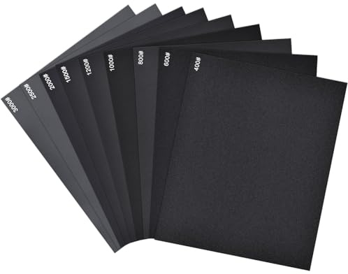 JNEYVIC 27 Pcs Papeles de Lija Húmedos y Secos 230x280mm, Grano 400 600 800 1000 1200 1500 2000 2500 3000 Papel de Lija Al Agua de Grano Fino para Coche, Metal Madera Vidrio Plástico Cerámica Pulido | Juego de papel de lija húmedo y seco, 28 x 23 cm, papel de lija húmedo, papel de lija de agua para coche, metal, madera