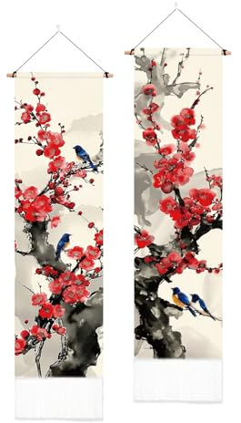 PLIGREAT Arazzo verticale in stile giapponese con fiori estetici e nappe per camera da letto, soggiorno e altri spazi abitativi