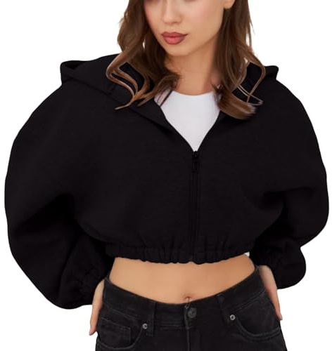 Huvtröja med dragkedja cropped tröja, sweatjacka dam med huva | Sweatshirt långärmad, jacka damer höst kort kappa fritidsjacka enfärgad casual övergångsjacka magfri huvjacka