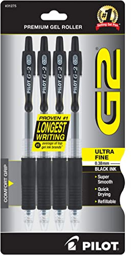 PILOT G2 Premium Refillable and Retractable Rolling Ball Gel Pens, Ultra Fine Point, Black Ink, 4-Pack (31275)
