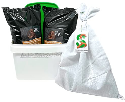 SUPERWURM Einsteiger Wurmzucht - Starter-Set mit 0,5 kg mittleren (ca. 400 St.) Riesen-Rotwürmer - Dendrobena, Angelwürmer, Futterwürmer, Regenwürmer, Würmer, Angelköder, Lebendköder, Wurmfarm