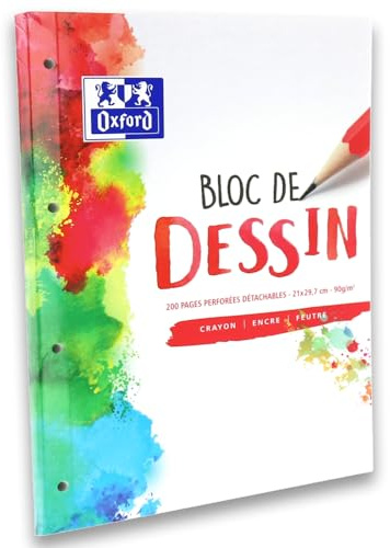OXFORD Bloc-Notes Dessin A4 Réglure Unie Blanche 200 Pages Collé Côté Couverture Carte Colorée
