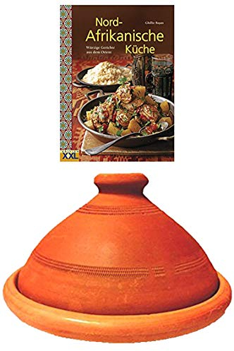 Tajine, original aus Marokko, inklusive Kochbuch Nord Afrikanische Küche, Tontopf zum Kochen, Tuareg Ø 35cm, für 6-8 Personen, handgetöpfert aus Marrakesch, frei von Schadstoffe