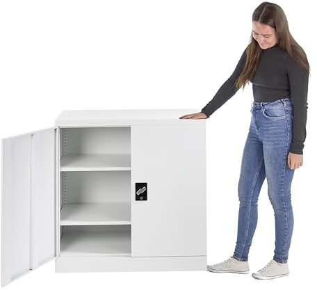 MMT Furniture Designs Büroschrank aus Stahl, mit 2 Türen, 90 cm hoch, 90 cm breit, 1 Verstellbarer Innenregal, Weiß
