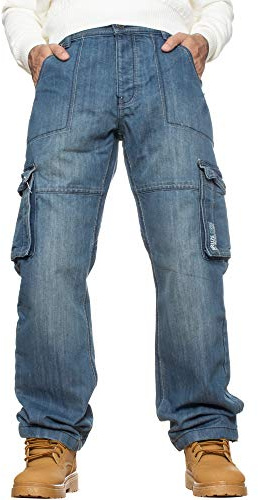 Enzo Herr Combat Jeans Casual Cargo Arbetsbyxor Denim Byxor Stor Lång Alla Midja, Mid stentvättad, 40W X 30L