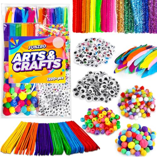 FUNZBO 1200pcs+ Mother's Day Craft Kits with Pipe Cleaners, Pom Poms for Crafts, Popsicle Sticks for Craft, Arts & Crafts Supplies for Kids Ages 4-8 Girls & Boys Birathday Gifts