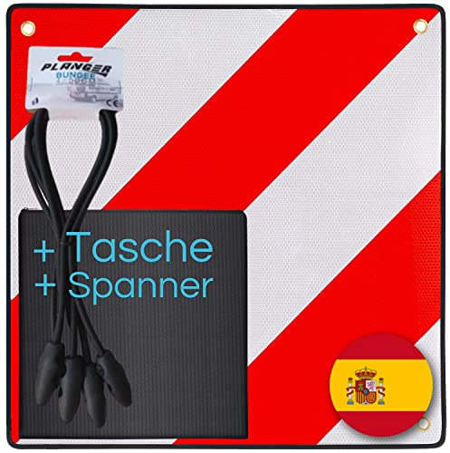 PLANGER® - Warntafel Spanien (50 x 50 cm) + Tasche + Spanner - Reflektierendes Warnschild rot weiß für Heckträger u Fahrradträger
