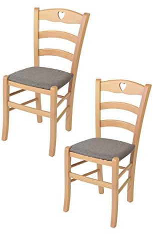 Tommychairs - 2er Set Stühle CUORE für Küche und Esszimmer, Robuste Struktur aus lackiertem Buchenholz im Farbton Naturfarben und gepolsterte Sitzfläche mit Stoff in der Farbe Rehbraun bezogen