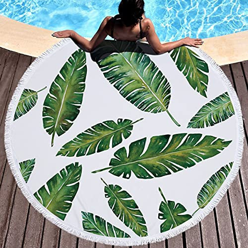 Mikrofaser Runde Strandtuch mit Quaste, Chickw1 Pflanzen Drucken Schnelltrocknend Badetuch Sandfreie Handtuch Reisehandtuch für Strand Schwimmen Yoga Tapestry (Bananenblatt,Durchmesser 150cm/59?)