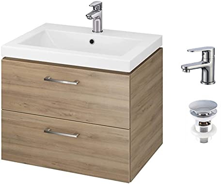 VBChome Waschbecken mit Unterschrank Nussbaum 60 cm mit Armatur und Pop Up ventil 2 Schubladen Weiß Badmöbel Hochglanz Click Clack hängend