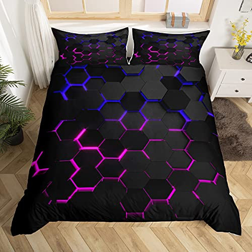 3D-Waben-Bettbezug-Set, Queen-Size-Größe, Geometrie-Hexagon-Motiv mit pink-blauen Neonlichtern, Bettdeckenbezug, für Jungen, Teenager, Männer, schick, 3-teilig mit 2 Kissenbezügen, schwarz