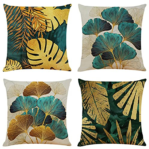 NIULAA Cushion Covers 45 x 45 Set of 4 Teal and Gold Leaves Cushion Cover 18x18 Living Room Linen Sofa Cushions Luxury Pillow Cases for Outdoor Garden