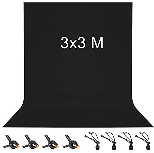 Vevelux 3x3M Schwarzer Stoff Foto Hintergrund mit 8 große Studio Klemmen | Foto Hintergrund aus 100% Polyester mit 4 große Studio Klemmen & 4 Tarp Clip, für Fotostudio, Video und Fernsehen