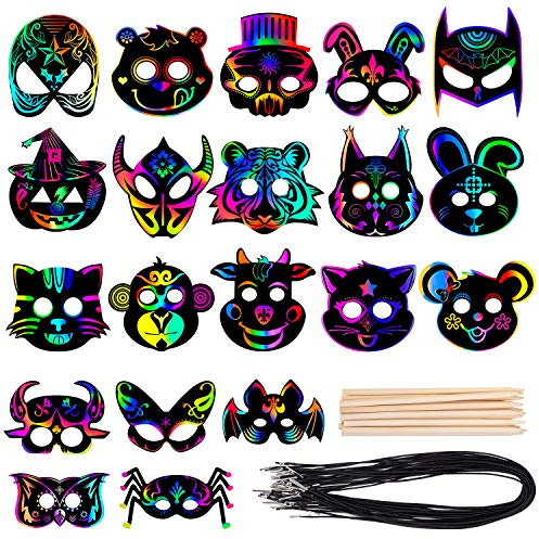 Mask Craft Kit for Kids, 52 Pcs Kids Magic Scratch Paper Animal Masks, DIY Rainbow Scratch Art Masks for Halloween and Animal Birthday Party