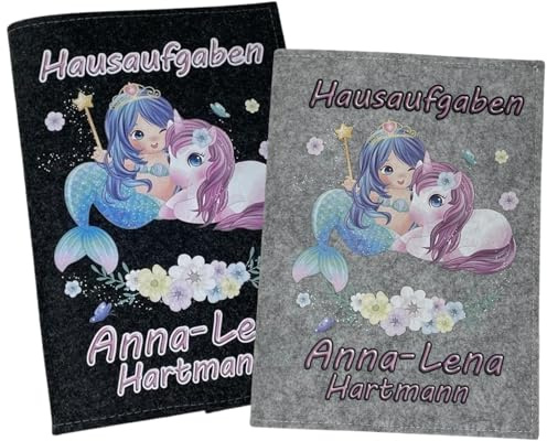 Hausaufgabenheft Hülle personalisiert mit Namen Datum schlicht A5 - Grundschule für Mädchen und Junge - Einschulungsgeschenke Heftumschlag - Geschenkideen Einschulung - Meerjungfrau
