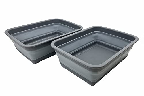 SAMMART 8L (2.1 Gallon) Set of 2 Collapsible Tub - Foldable Dish Tub - Portable Washing Basin - Space Saving Plastic Washtub (Grey)