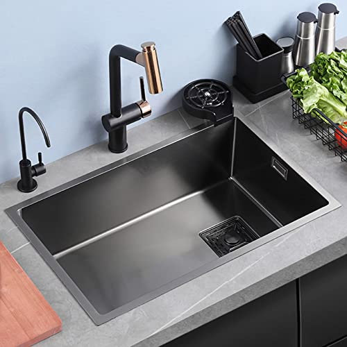 HGTRH Fregadero Cocina 1 Seno y escurridor Acero Inoxidable, Fregadero bajo encimera Negro 60x40, Nano Antibacteriano Fácil de Limpia Fregaderos de un Seno, 221m Profundo
