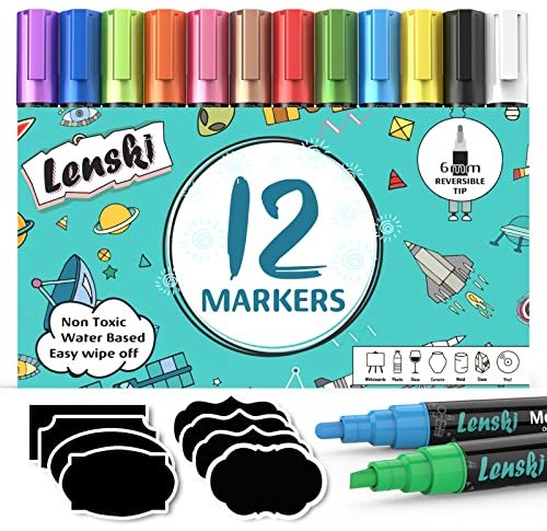 Lenski 12 Kreidestifte für Tafel Abwaschbar, Adventskalender Füllung Kinder Stifte 6MM Kreidestifte für Fenster, Kreidemarker Fensterstifte Fenstermalstifte Tafelstifte Fensterkreide Glasmalstifte
