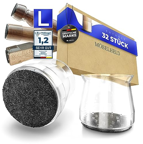 MÖBELHELD® Stuhlbeinkappen - [100% Transparent] 32 Stück Stuhlbeinschoner mit integriertem Filz - Große Schutzkappen für runde und eckige Stuhlbeine - Langlebig - Premium Filzgleiter für Stühle