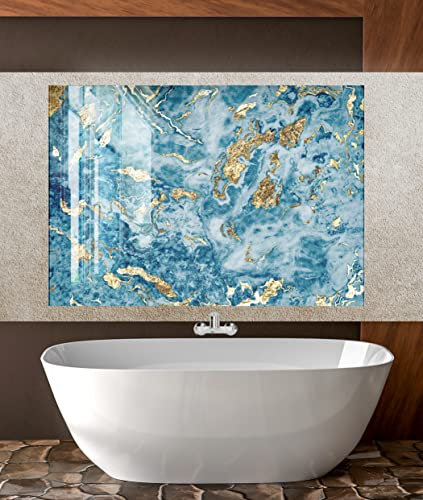 Myphotostation Spritzschutz aus gehärtetem Glas, 50,8 x 50,8 cm, Blau / Gold, Marmor, abstraktes Backsplash-Design, Herd, Wand, Spritzschutz für Küche, Panel-Design, blauer Marmor, Spritzschutz