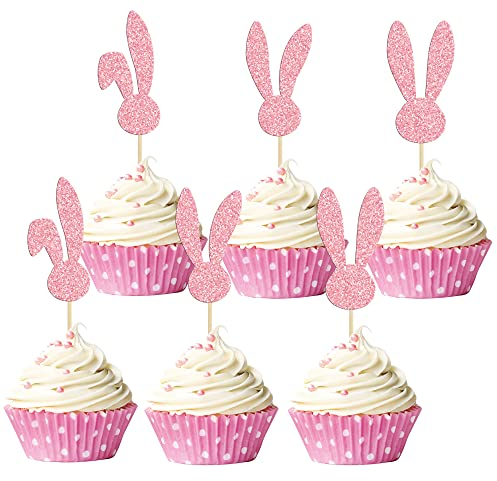 Gyufise 24Pcs Easter Bunny Ear Cupcake Toppers Pink Glitter Rabbit Cake Toppers Happy Easter Cake Decorations For Bunny Easter Theme Spring Birthday Babyshower Party Decorations