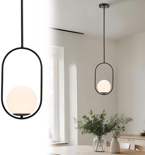 Alighting Black Pendant Light with 15cm Milk Glass Globe | Adjustable Black Ceiling Lights Modern Pendant Light for Dining Room, Kitchen Island, E14 Bulb(Not Included)