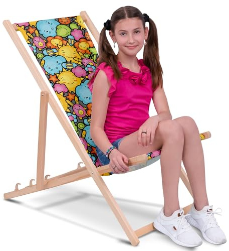 DreamRoots Chaise Longue Enfant en Bois de Hêtre, Chilienne Enfant Pliable, Transat Extérieur Jardin, Plage, Tissu Lavable Polyester 220 g/m², Charge Max 130 kg
