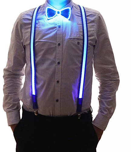 Brejkdo Lot de 2 bretelles et nœud papillon lumineux à LED pour homme, parfaits pour les festivals de musique, Halloween, les fêtes costumées (Bleu)