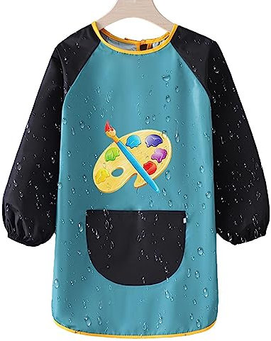 Kaxenig Malerkittel Für Kinder - wasserdichte Kinderschürze Mit Ärmel - Kinderschürze Mit Taschen, Kinder Bastelschürze, Kinder Malkittel Für Basteln & Malen Backen Kochen, Schreiben