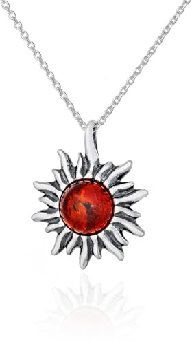 AMBEDORA Collana Donna Piccolo Sole Con Ambra, Argento Sterling Ossidato, Ambra Baltica Rotonda Color Cognac, Ciondolo in Argento con Catenella