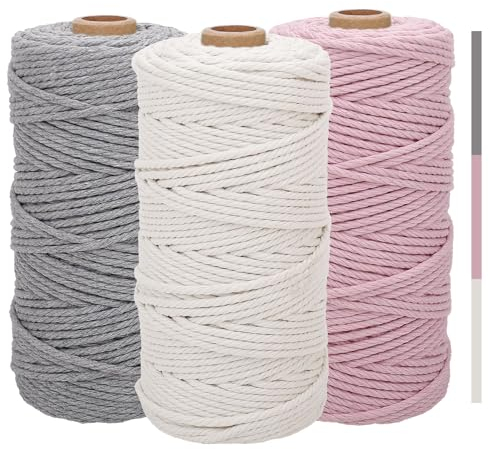 3stk Makramee Garn 3mm x100m, Baumwolle Makramee Baumwollgarn, Baumwollseil, Makramee-Garn, Bunte Baumwoll-Bastelschnur zum Aufhängen, Pflanzenaufhänger, Basteln, Stricken (Beige, Hellrosa, Hellgrau)