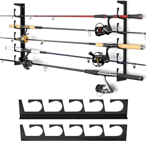 MEYAGOT Lot de 2 supports de canne à pêche horizontaux à fixer au mur, multifonctionnel, peut contenir 6 cannes, noir, fer, 2 cm x 1 cm x 2 cm, matériel de pêche, queues de billard, articles longs