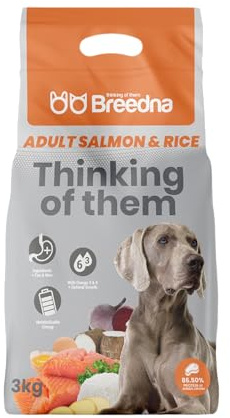BREEDNA - Adult Salmon&Rice 3kg | Pienso para Perros Adultos con Salmón Deshidratado | Ideal para Actividad Física Normal | Comida para Perros de Salmón para Piel y Pelo Sano y Brillante