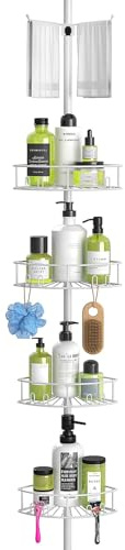 Bomclap Étagère de douche télescopique avec 4 paniers et 1 porte-serviettes, sans perçage, hauteur réglable de 149 à 276 cm, pour douche et baignoire, blanche