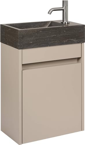 Saqu Florence vormontiertes Badmöbel Gäste-WC in Matt Greige mit Handwaschbecken aus Hartstein und Armatur Edelstahl rechts