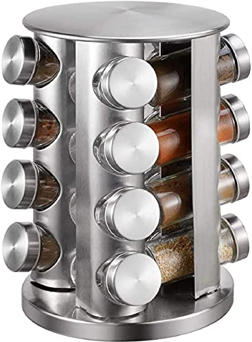 MYVVKIA Estante para Especias, 16 tarros de Cristal, Estante para Especias de Acero Inoxidable, carrusel Giratorio de 360 ° para Almacenamiento de Especias, Cocina, Barbacoa