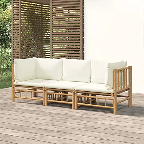 Faroom Gartenlounge Set Bambus Lounge Gartenmöbel Set Loungemöbel Set Bambus Balkon Lounge Sofa Outdoor Balkonmöbel Kleiner Gartengarnitur Sofagarnitur Creme 3-tlg-Type-41